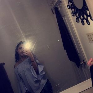 Off the shoulder blue striped blouse